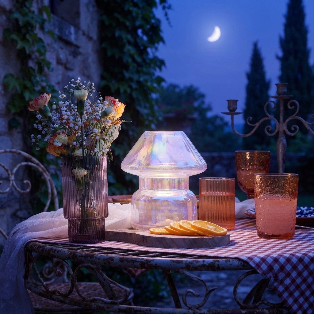 A lit iridescent mushroom lamp jar candle glass table lamp sits on a checkered tablecloth on an outdoor patio at night, surrounded by amber-colored drinking glasses, a vase of flowers, and a candelabra under a crescent moon.