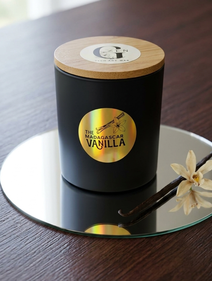 gzen candles χειροποίητο αρωματικο κερί  σόγιας σε μαύρο βάζο με οικολογικά και αντιαλλεργικά  αρώματα με ξύλινο φυτίλι Luxury handmade scented soy candle in black jar and gold ecofriendly Hypoallergenic scents wood wick βανίλια Μαδαγασκάρης vanilla madagascar 