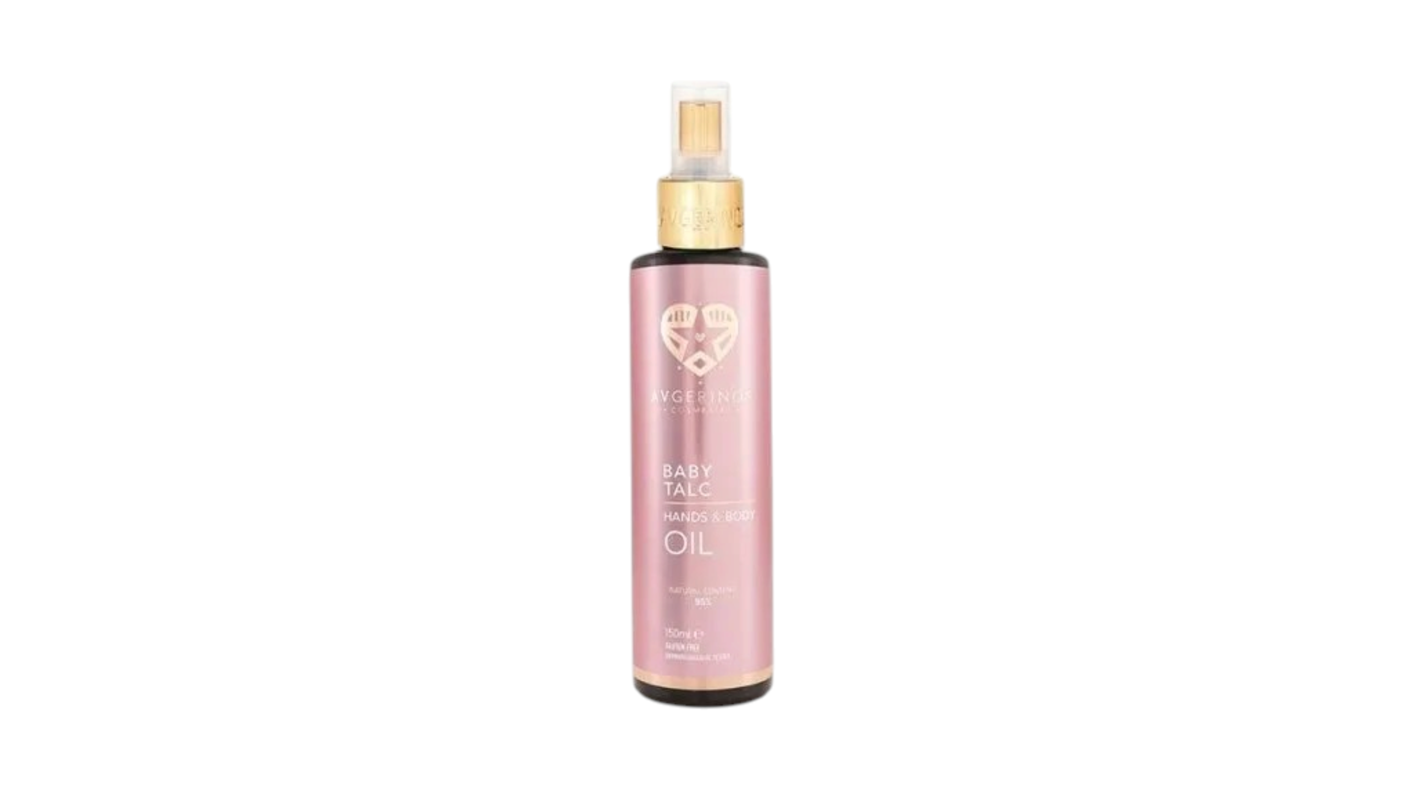 A bottle of Baby Talc oil for body and hair by Avgerinos Cosmetics, featuring a metallic pink bottle with a gold spray nozzle and clear cap, set against a plain white background.