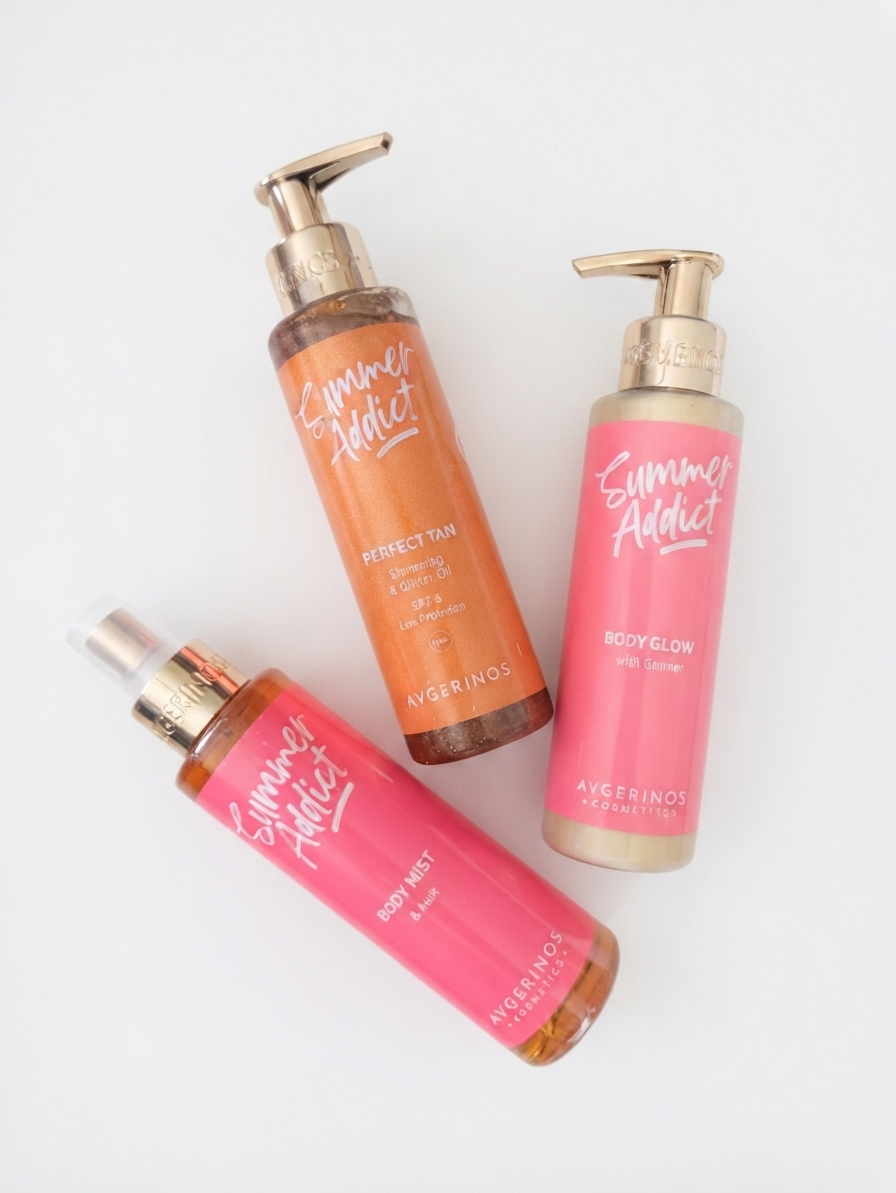Three AVGERINOS Summer Addict body care products from the brand's collection, including a peachy tan spray, a golden yellow body butter, and a pink body mist, arranged on a clean white background.